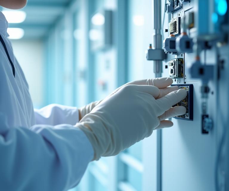 Technicien expert effectuant une installation professionnelle 'white glove' de matériel high-tech.